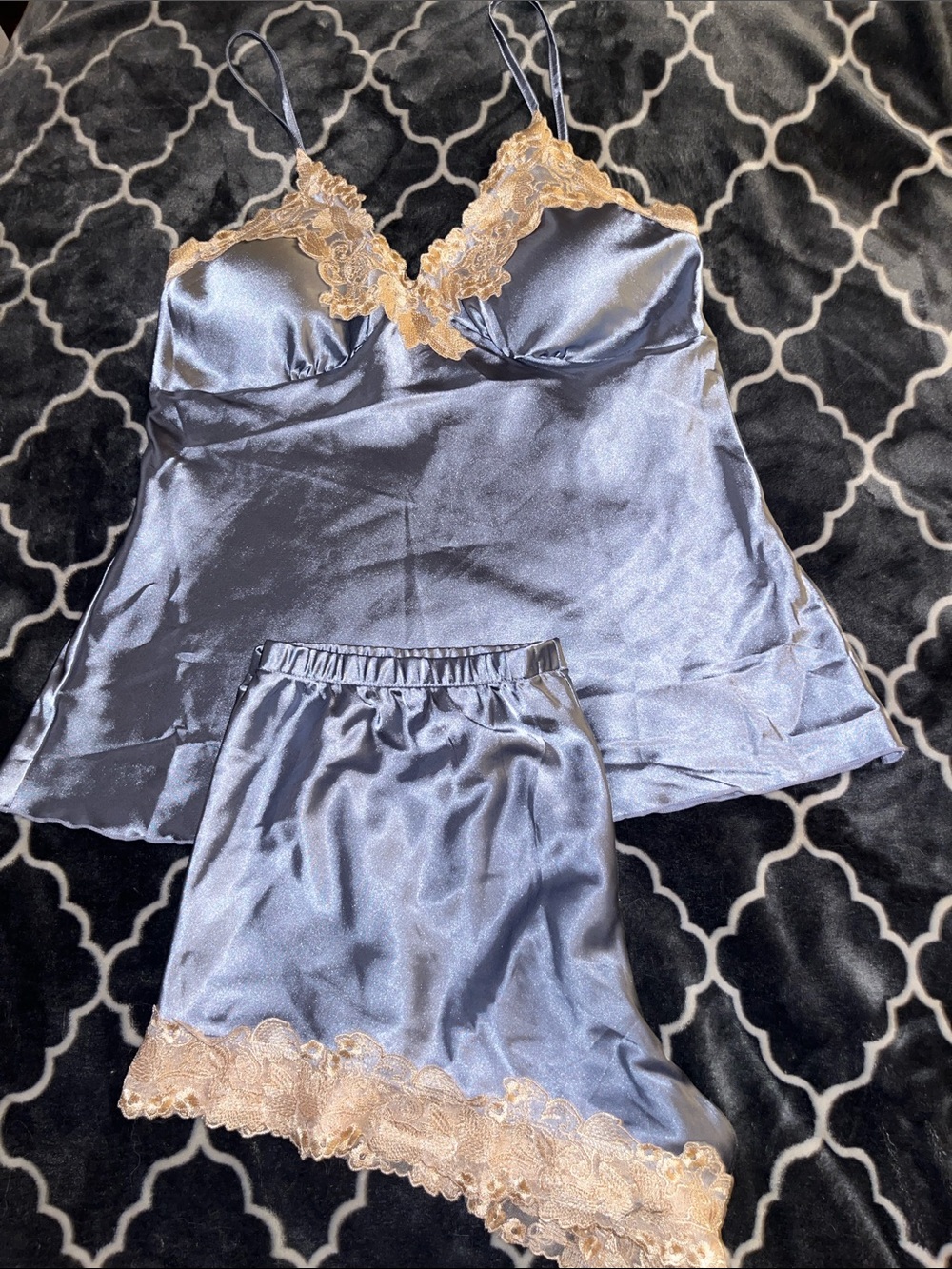RACHEL Rachel Roy Charcoal Satin Camisole and Shorts Set with Gold Lace